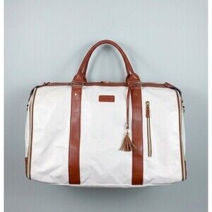EMMAFY White & Tan Weekend Duffle Bag with Tassel and Removable Strap